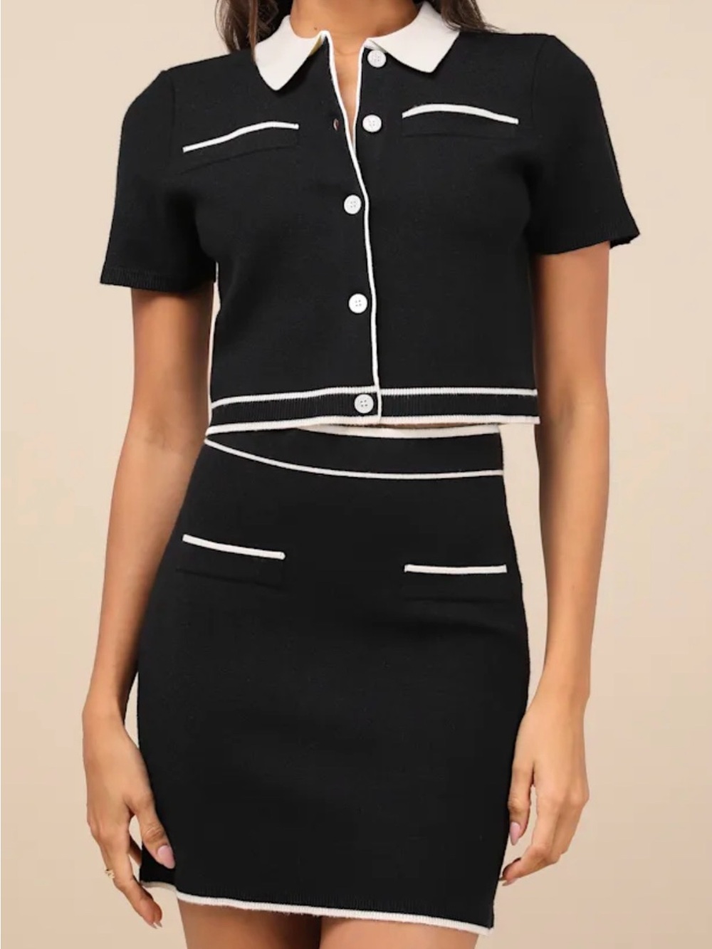 Upscale Look Black and Ivory Knit Collared Two-Piece Mini Dress